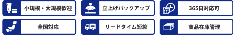 小規模・大規模歓迎 業務立ち上げバックアップ 土曜日対応可 リードタイム短縮 全国対応 商品在庫管理万全